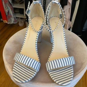 Blue and White Striped Ankle Strap Heels